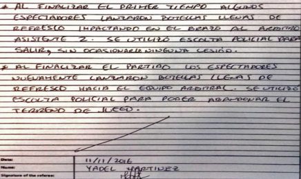 Un informe del árbitro cubano Yadel Martínez avalado por el comisario Egbert Lacle de Aruba culpó a la afición de haber lanzado objetos a la cancha. 
